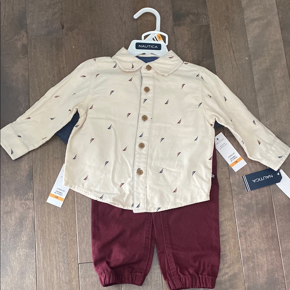 NAUTICA 12m Baby Shirt and Pants Set - 3 piece. NWT.
